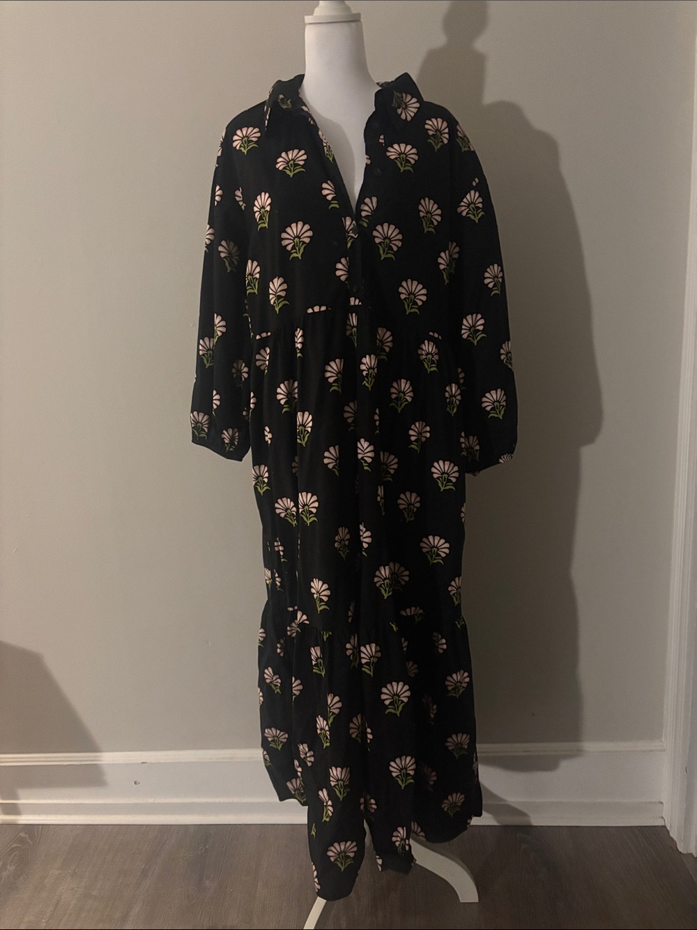 Anthropologie Black Maxi Dress with Pink and Green Floral Motif